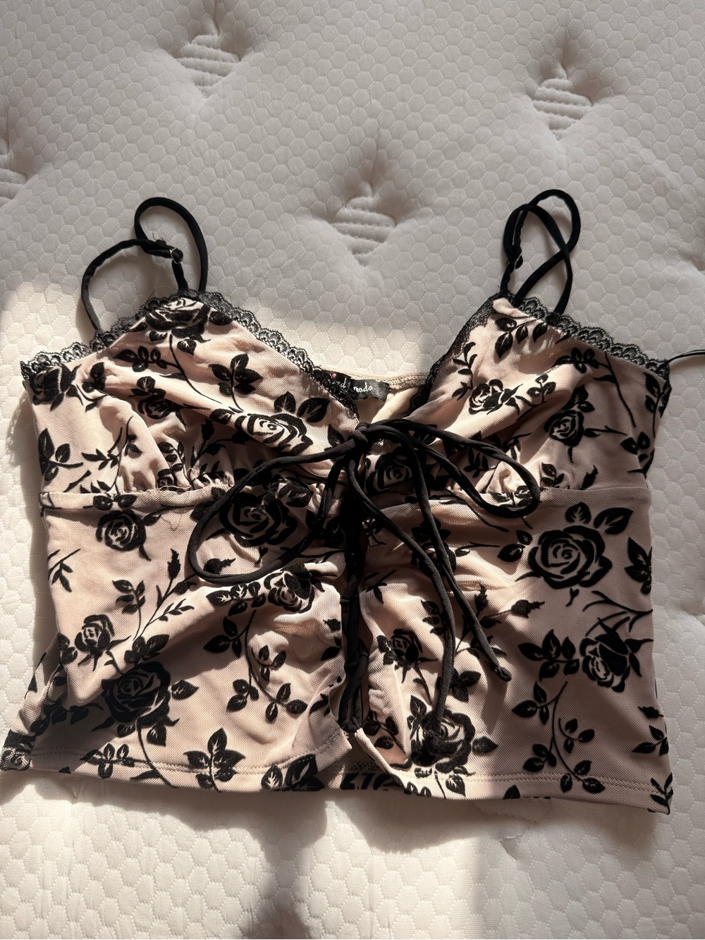 Married to the Mob Blush Floral Lace-Trim Cami with Black Print